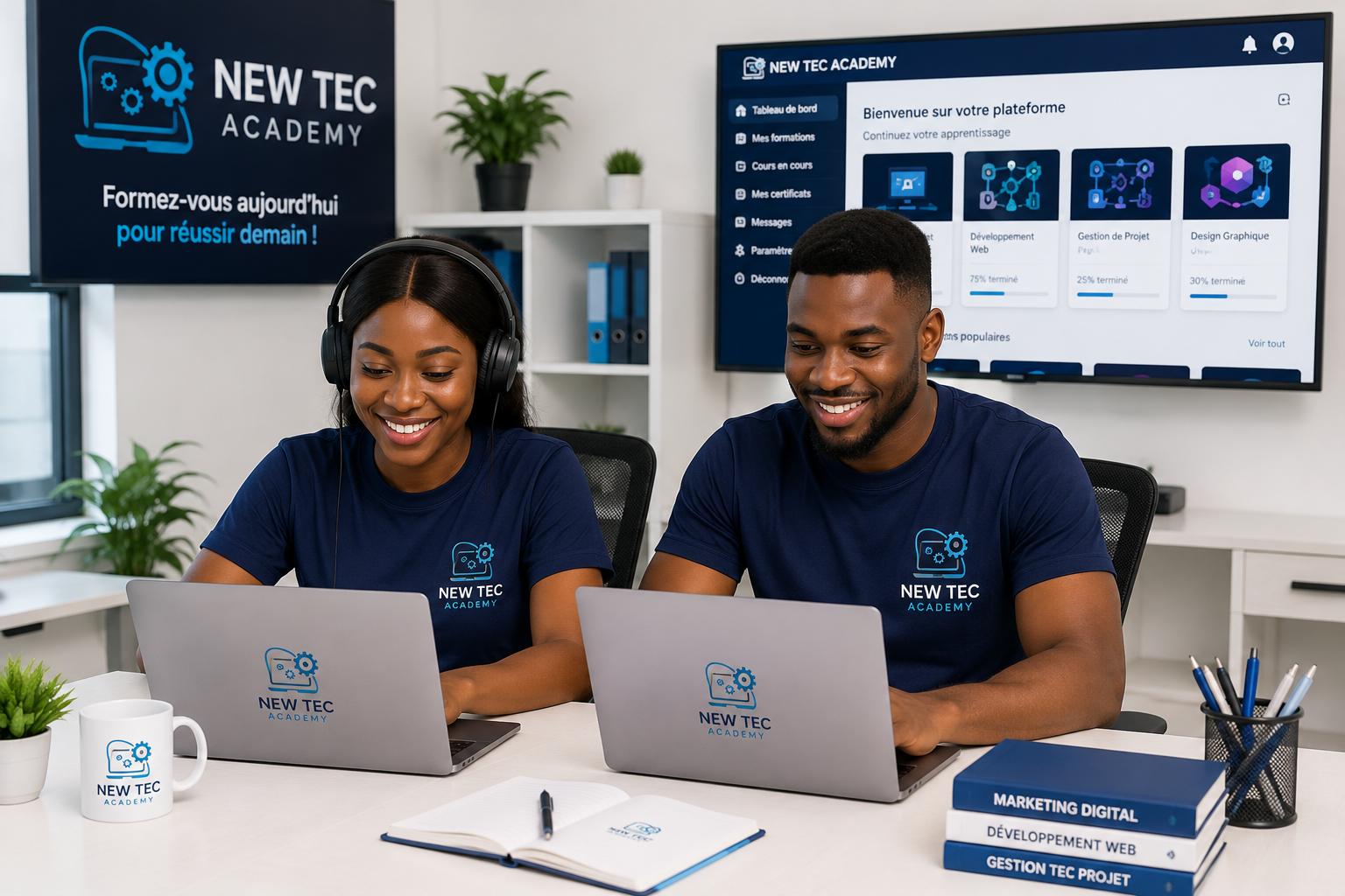 Étudiants New Tec Academy en t-shirt bleu nuit suivant un cours en ligne